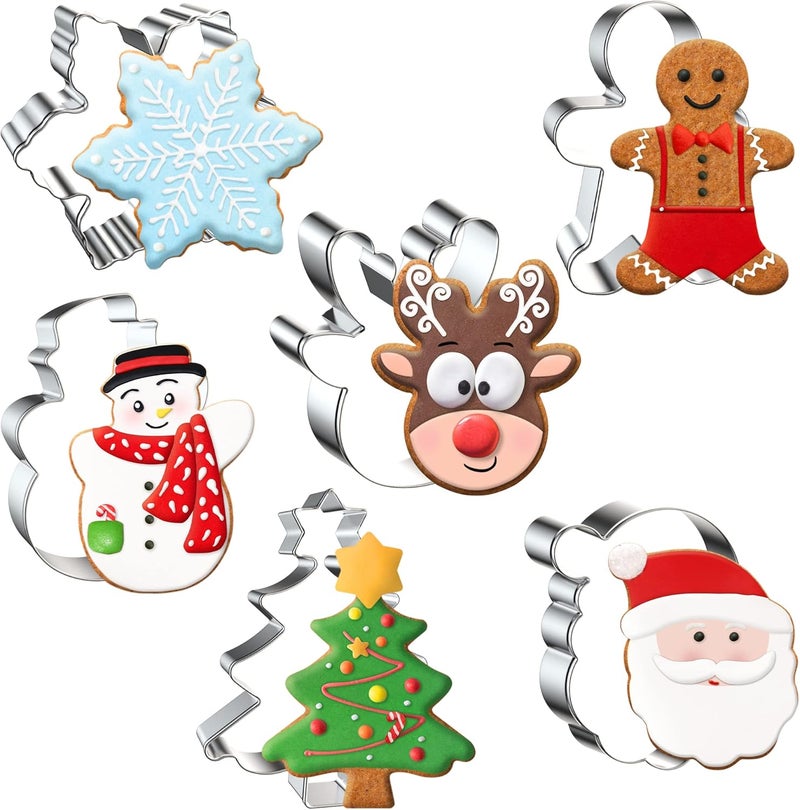 FUSOTO 6PCS Christmas Cookie Cutters, Holiday Xmas Cookie Cutters Christmas Shapes - Gingerbread Man, Snowflake, Snowman, Christmas Tree, Reindeer, Santa Face for Cookie Baking - Image 1